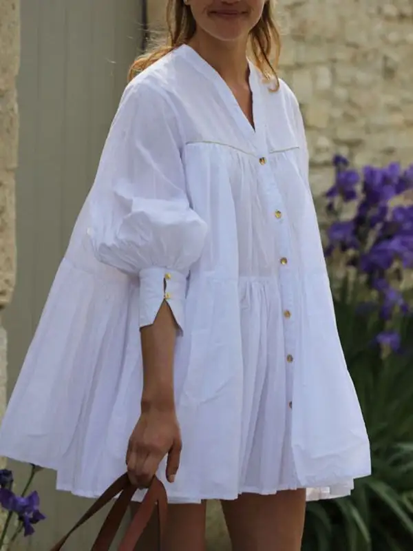A Line Long Sleeve Buttoned Pleated Solid Color V Neck Mini