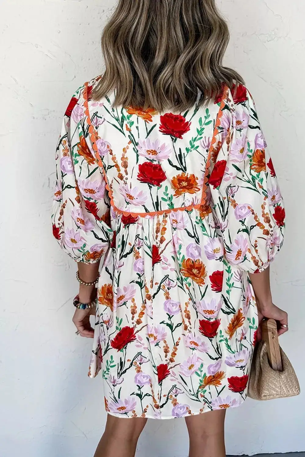 Floral Print Three-Quarter Puff Sleeve Ricrac Trim Mini Dress