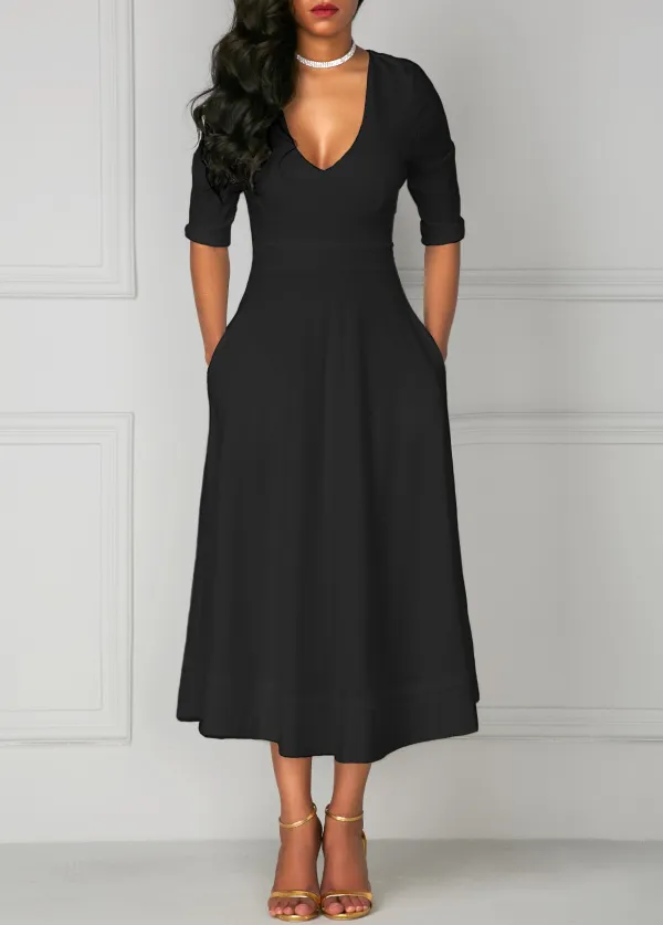 Pocket Design Black V Neck Half Sleeve Dress