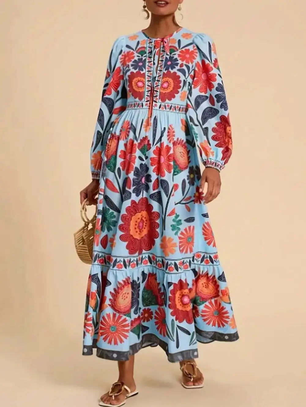 Floral Tie Waist Long Sleeve Dress Casual