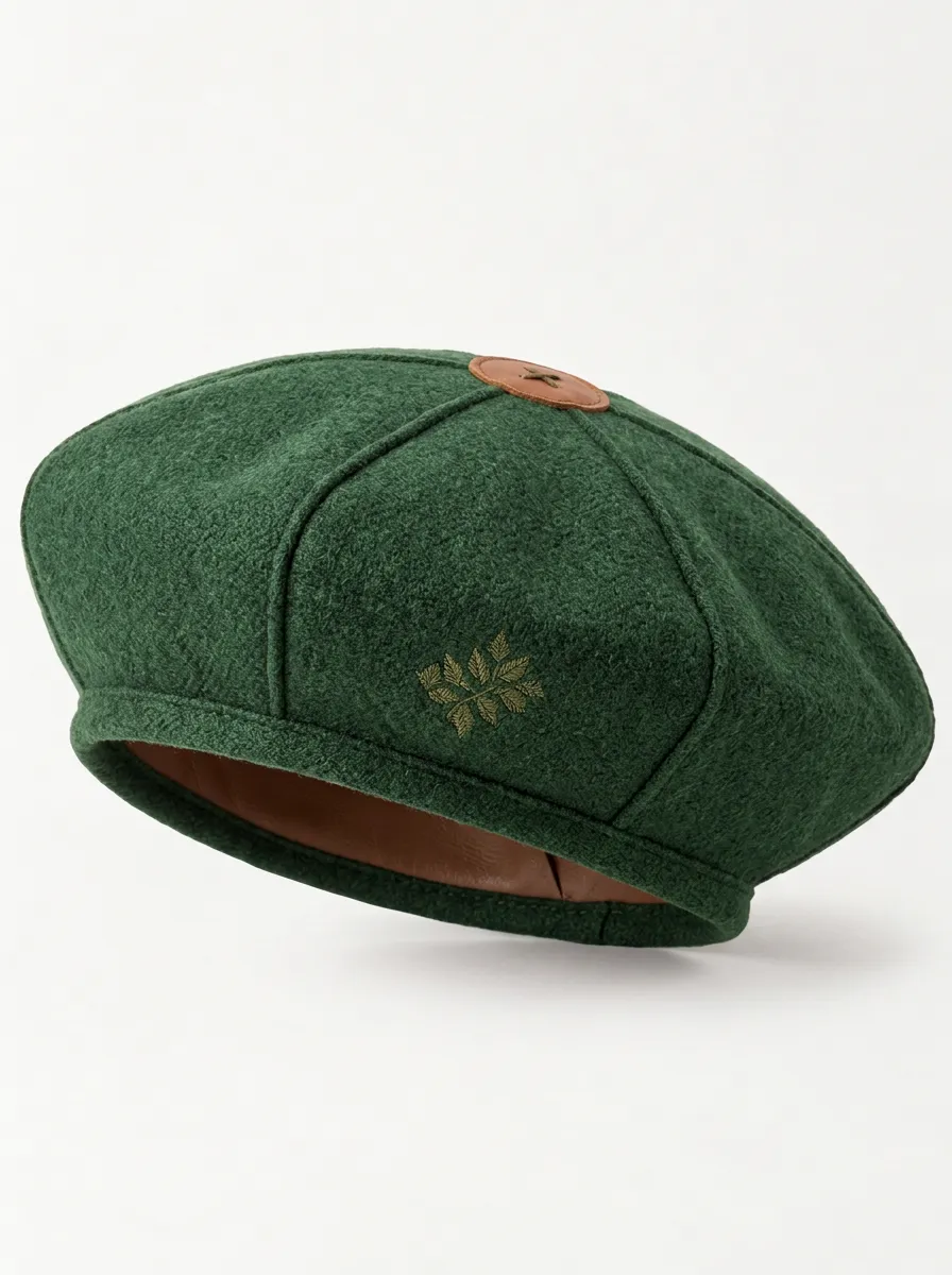 Fern and Forest Inspired Wool Beret with Embroidery Detail