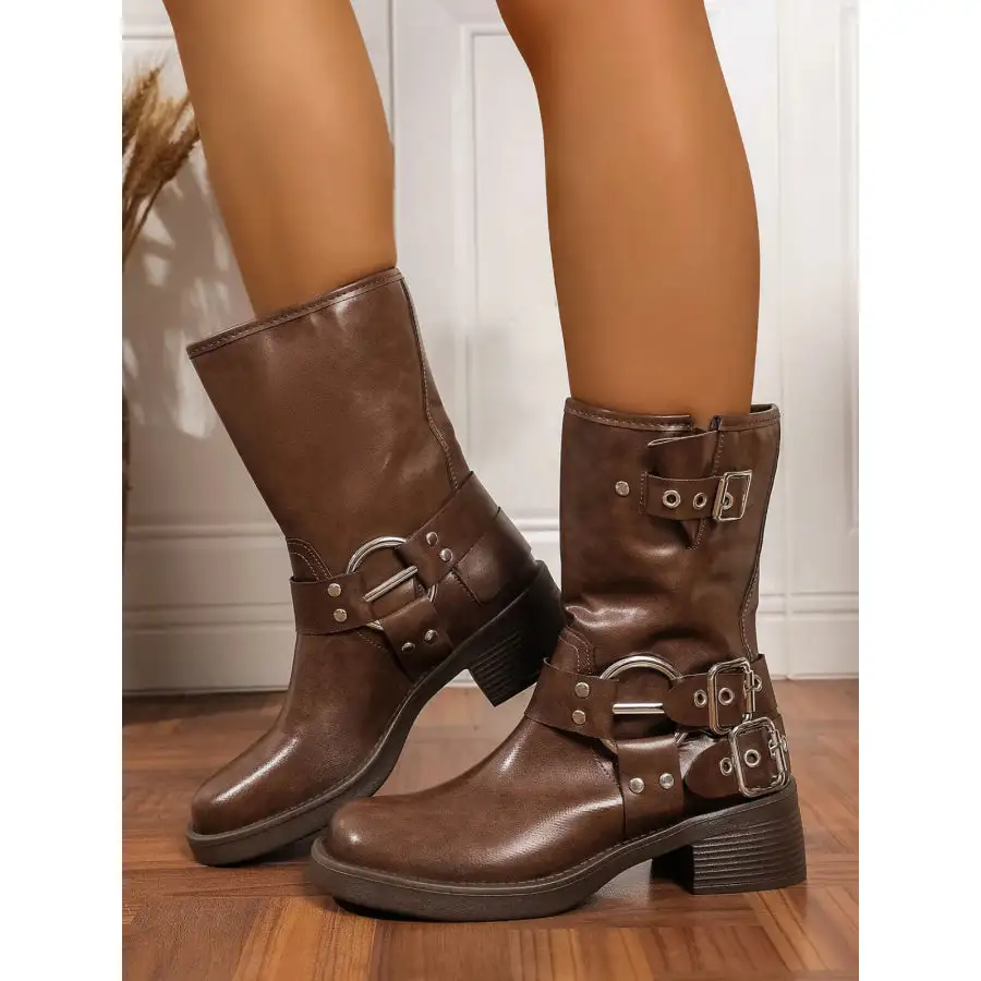 Elegant Round Toe Block Heels Boots