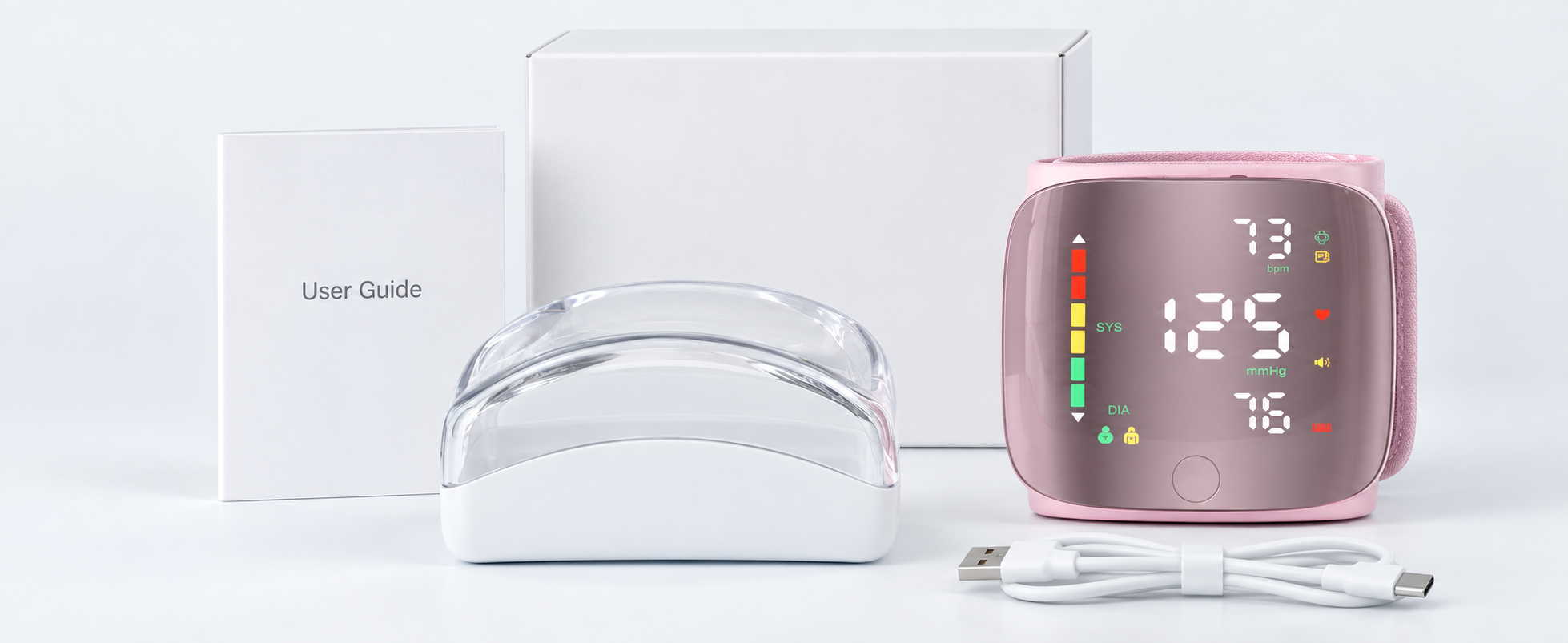 Package contents: pink wrist monitor, storage case, USB cable, user guide and box