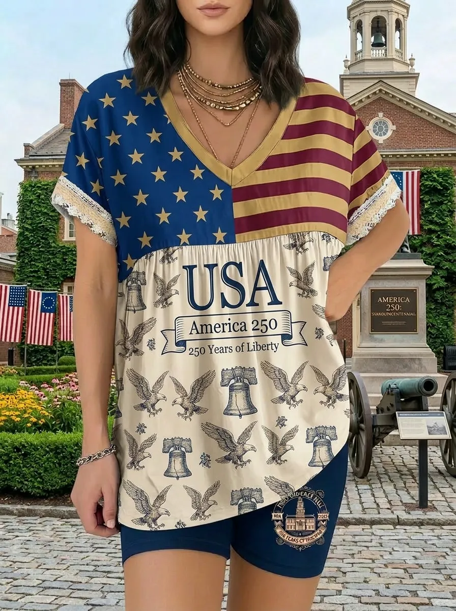 Women's USA 250th Anniversary Eagle Liberty Bell Printed Outfit Set