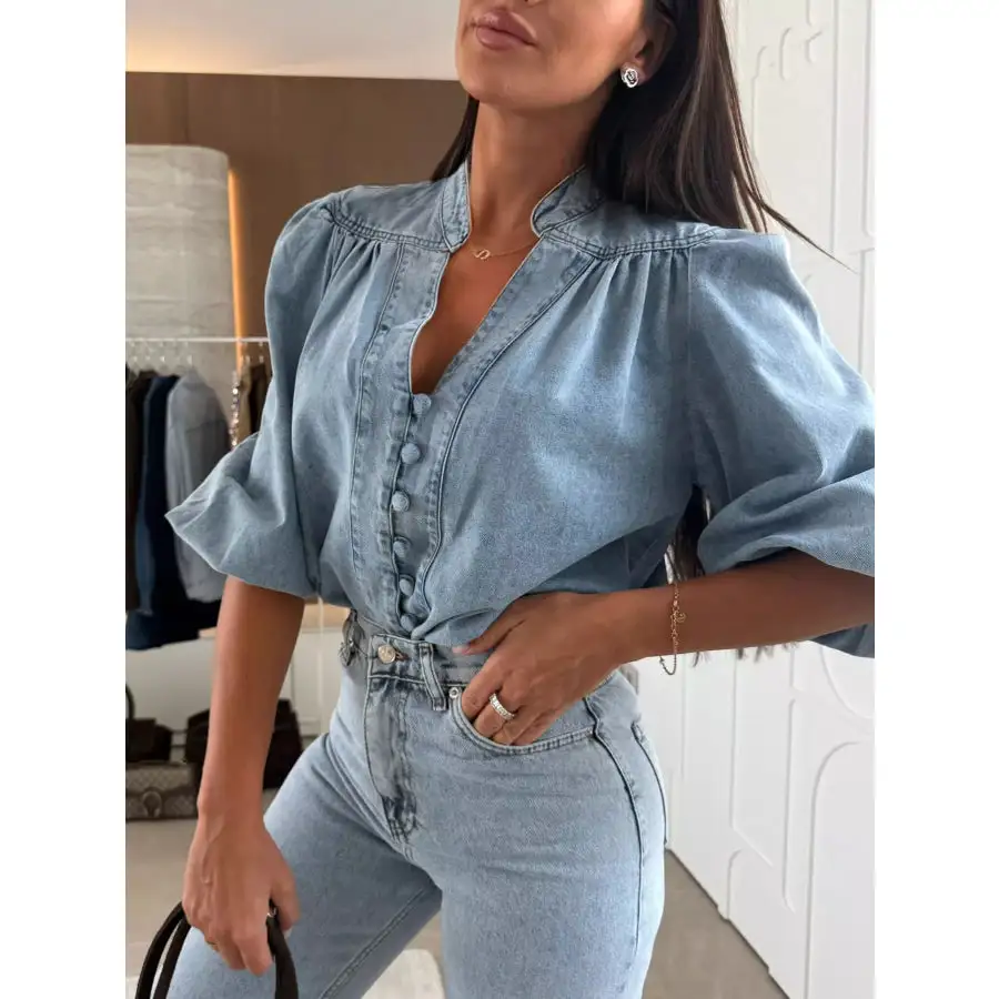 Button Down Puff Sleeve Denim Top