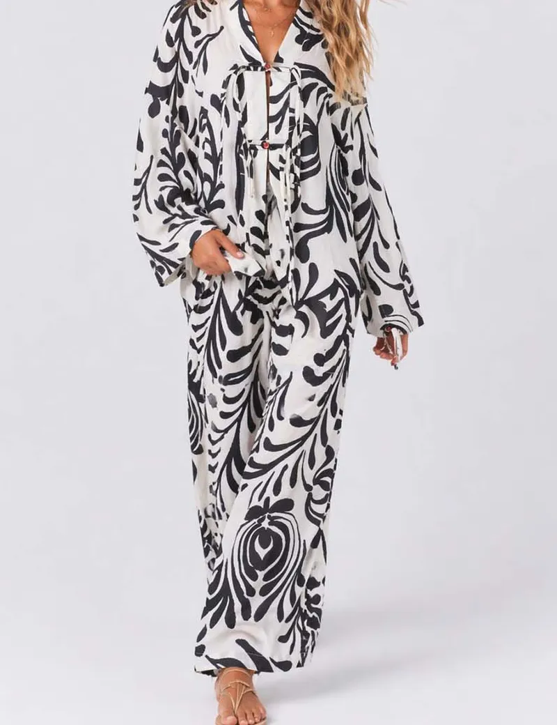 Boho Abstract Elastic Waist Wide Leg Pants