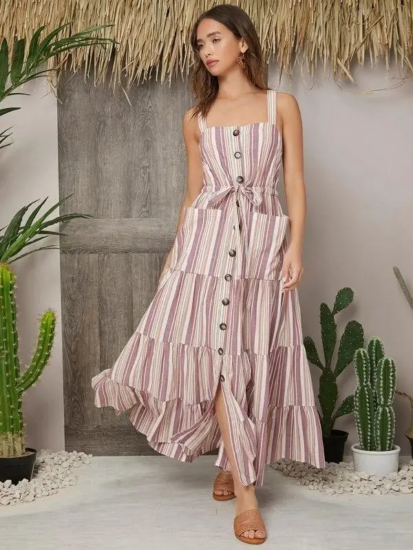 Women Striped Button Front Patch Pocket Dress