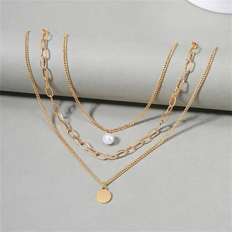 Layered Necklace Round Disc Rhinestone Pendant