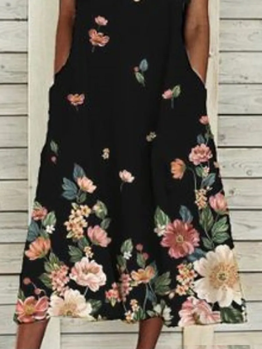 Casual Floral Print V-Neck Short Sleeve Midi Dress