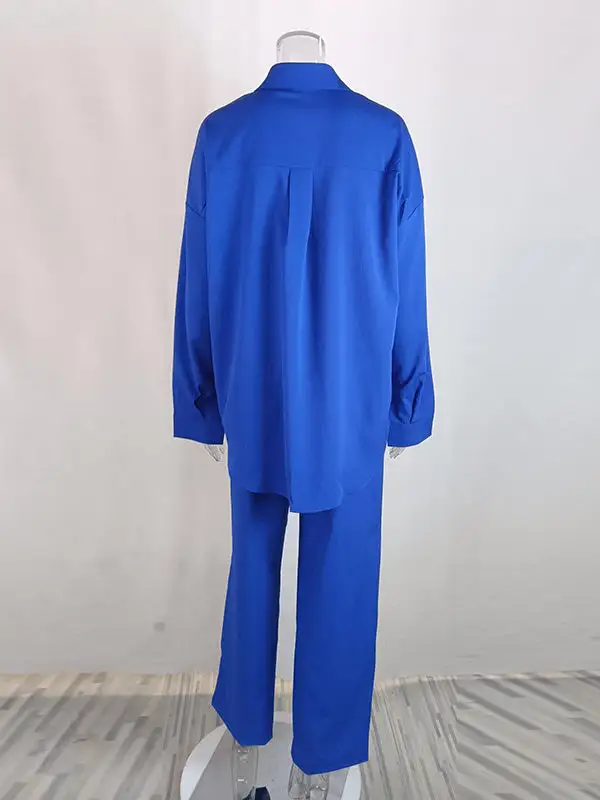 Long Sleeve Buttoned Pocket Blouse And Pants Set