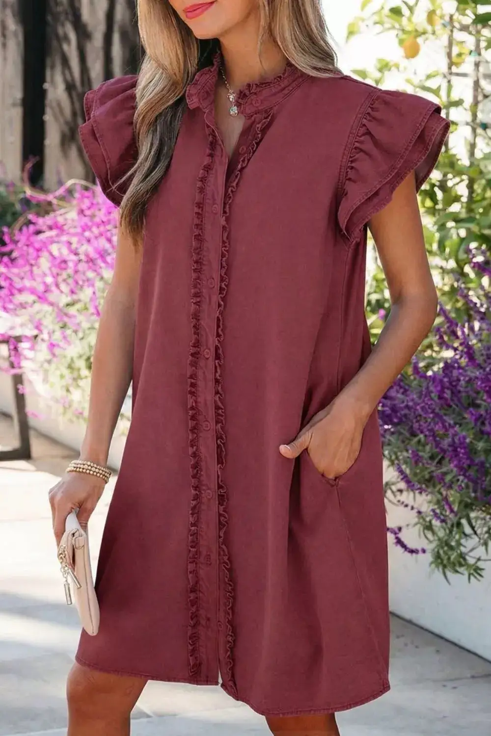 Denim Button Front Ruffle Mini Dress