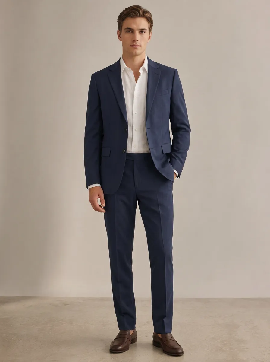 Men's Business Formal Navy Blue Solid Tailored Suit Set