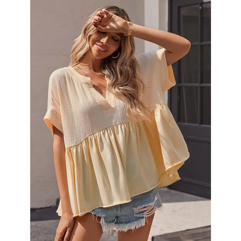 🔥 Women's Summer V-Neck Babydoll Tops | Short Sleeve Pleated Flowy Blouse