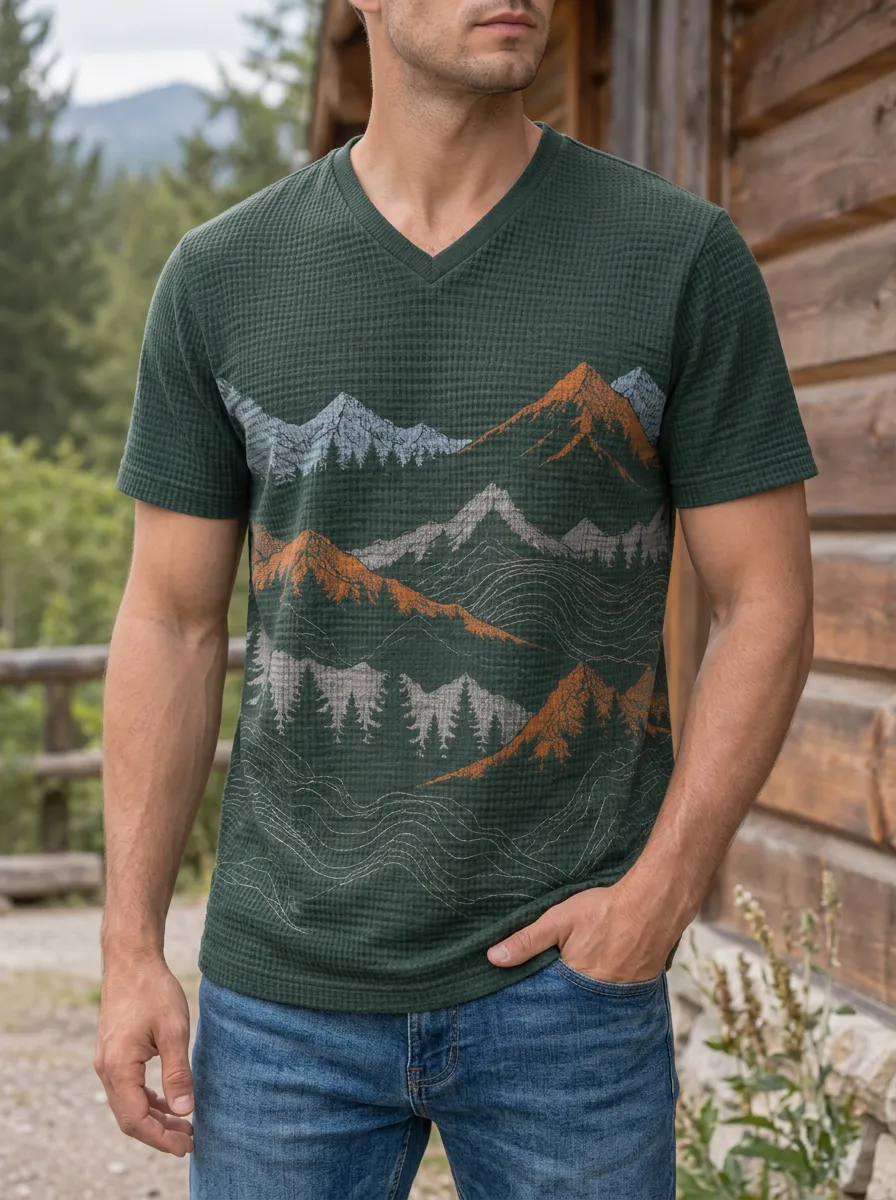 Men's Scenic Nature Lover Mountain Forest V-Neck T-Shirt
