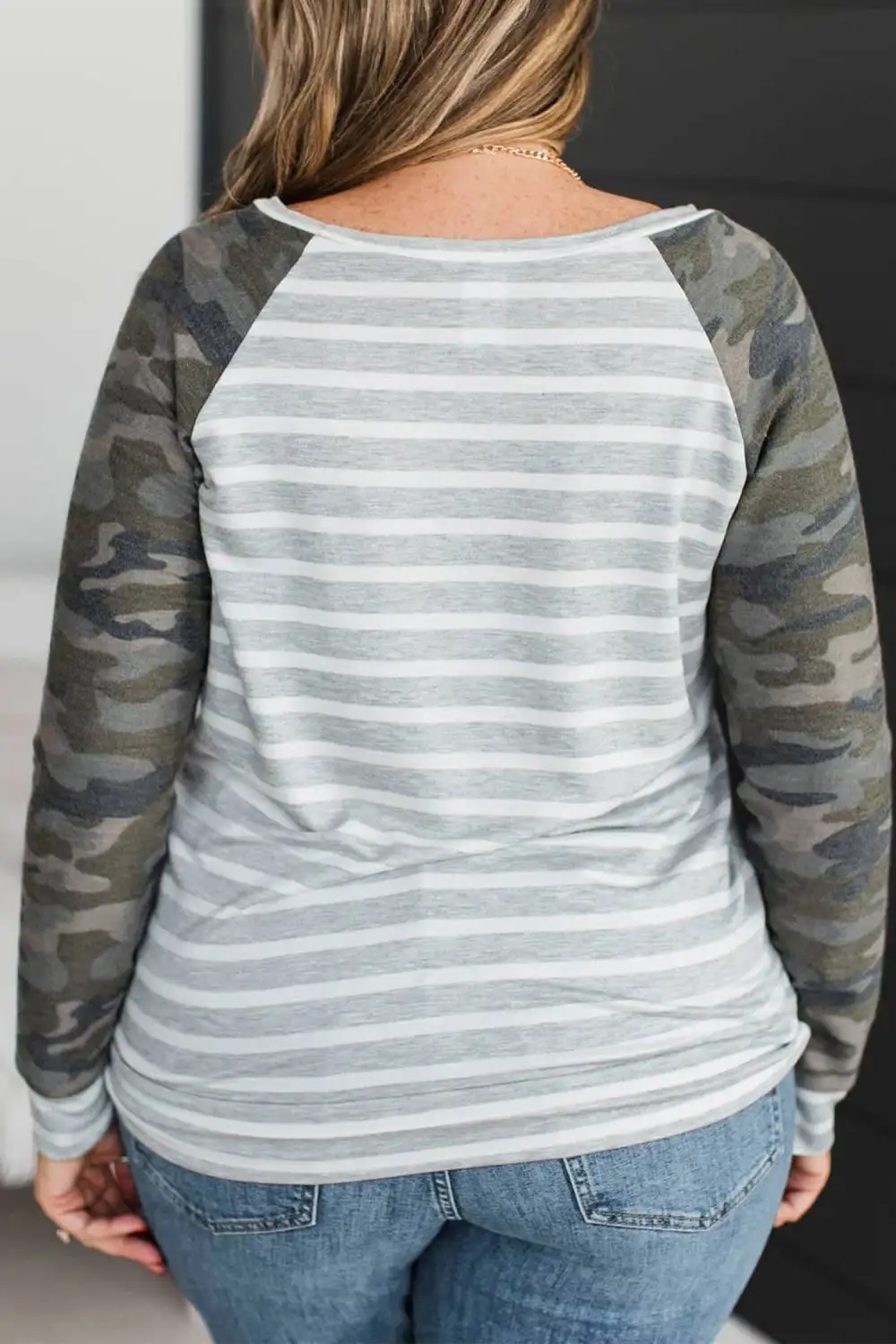 Camouflage Print Round Neck Relaxed Long Sleeve Top