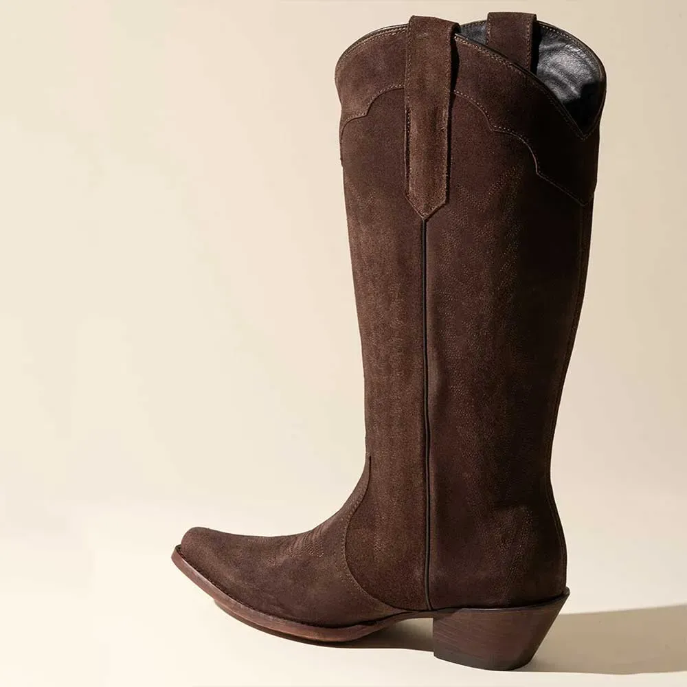 Faux-Suede Embroidered Snip-Toe Chunky-Heel Western Boots