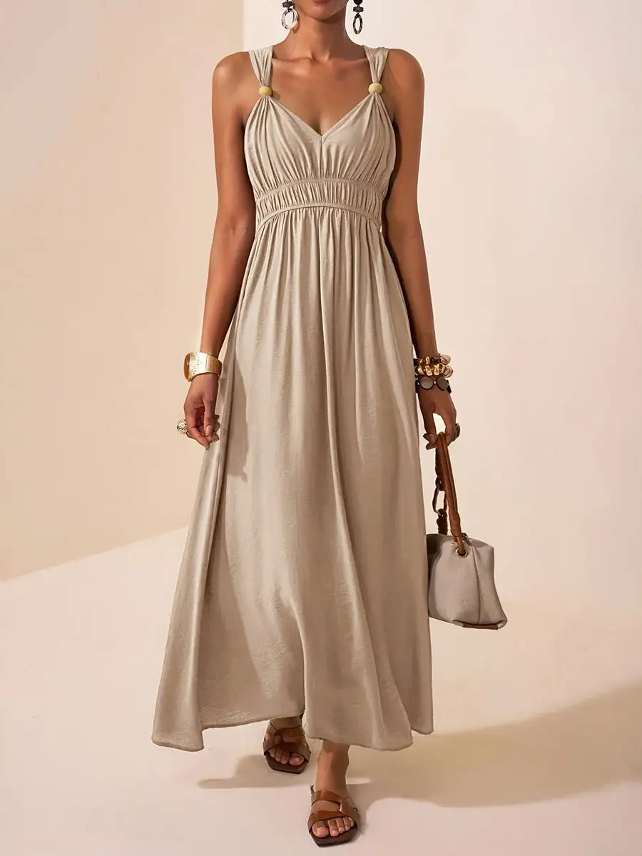 Spaghetti Pleated Neck Maxi Dress