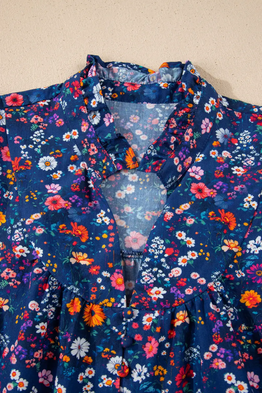 Polished Detail Floral Split Neck Puff Sleeve Mini Dress