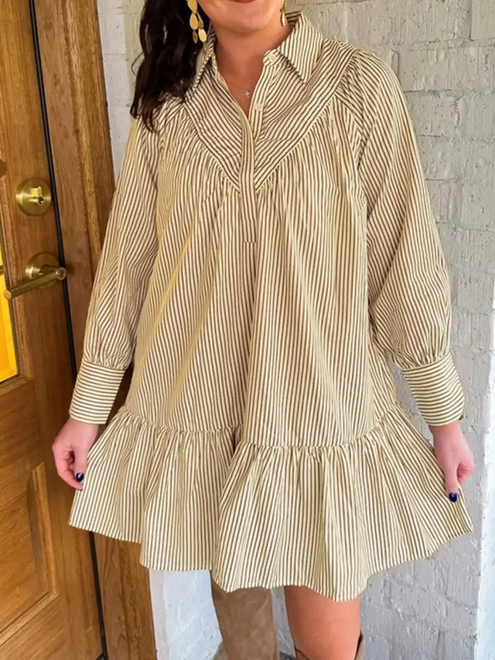 Striped Long Sleeve Collared Mini Dress
