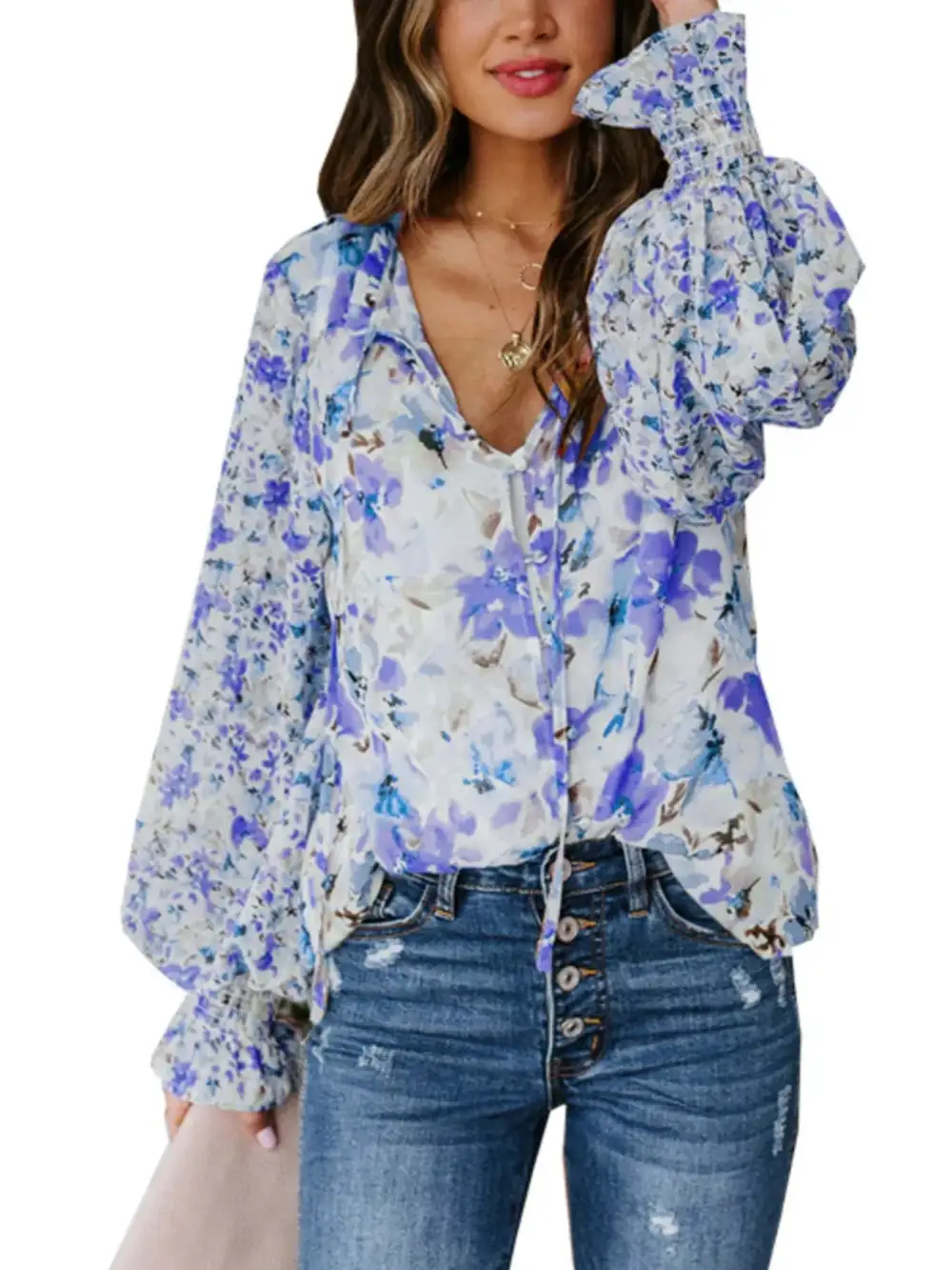 Floral Print Smocked Cuff Blouse Plus