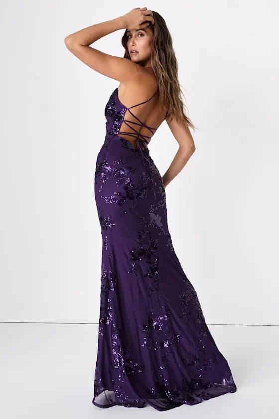 Valhalla Navy Blue Sequin Lace-Up Maxi Dress