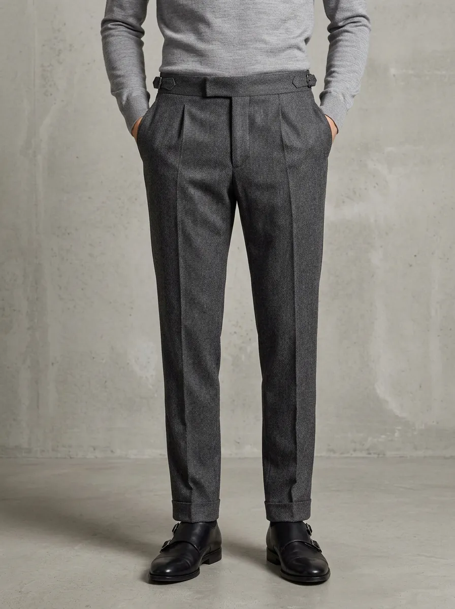 Men's Formal Business Grey Herringbone Pleated Trousers
