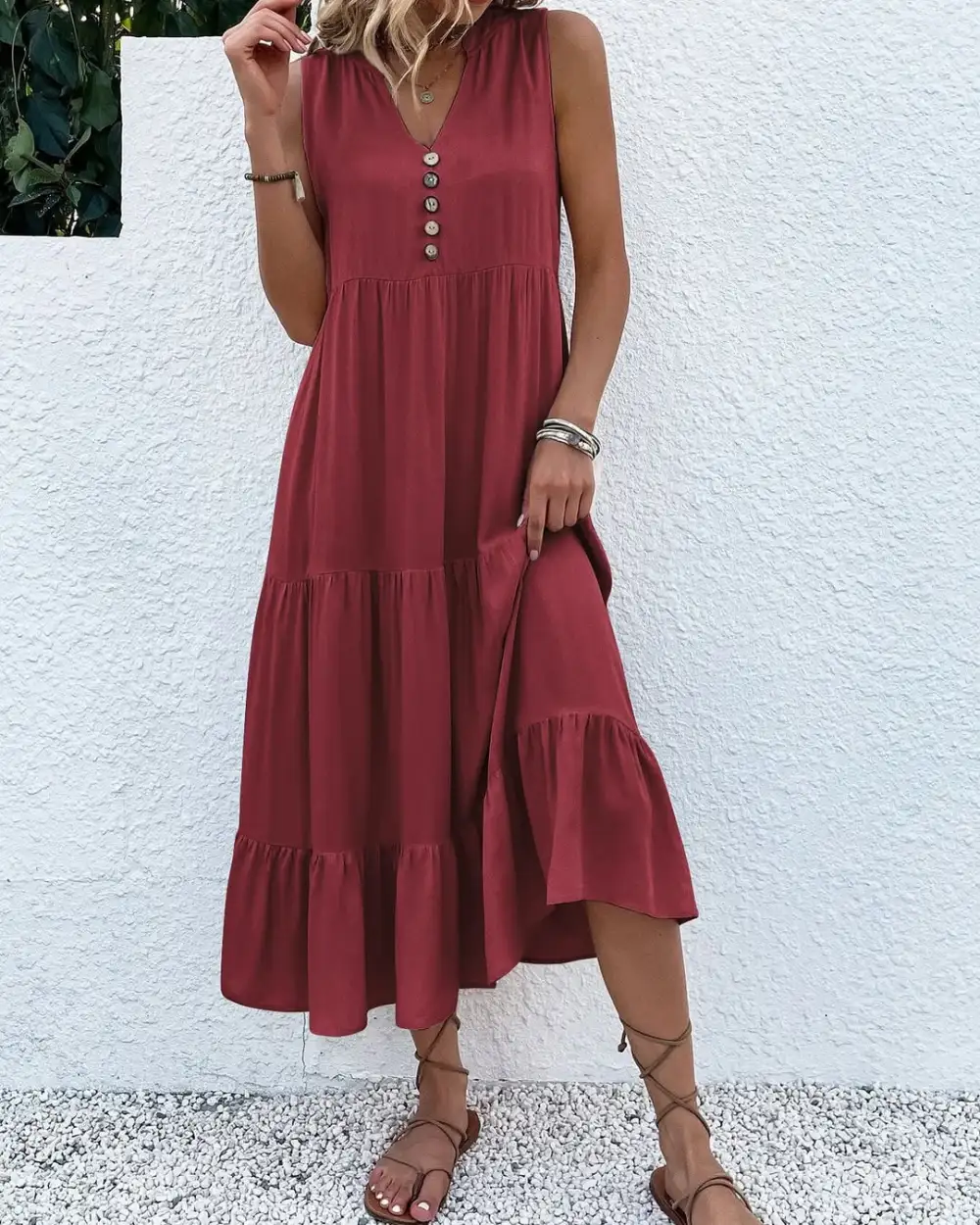 12PACK-Contrast Color Cotton And Linen Casual Dress