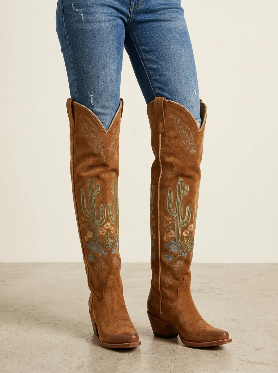 Women's Western Cactus Floral Feather Embroidered Piped Pointed-Toe Denim Over-the-Knee Boots