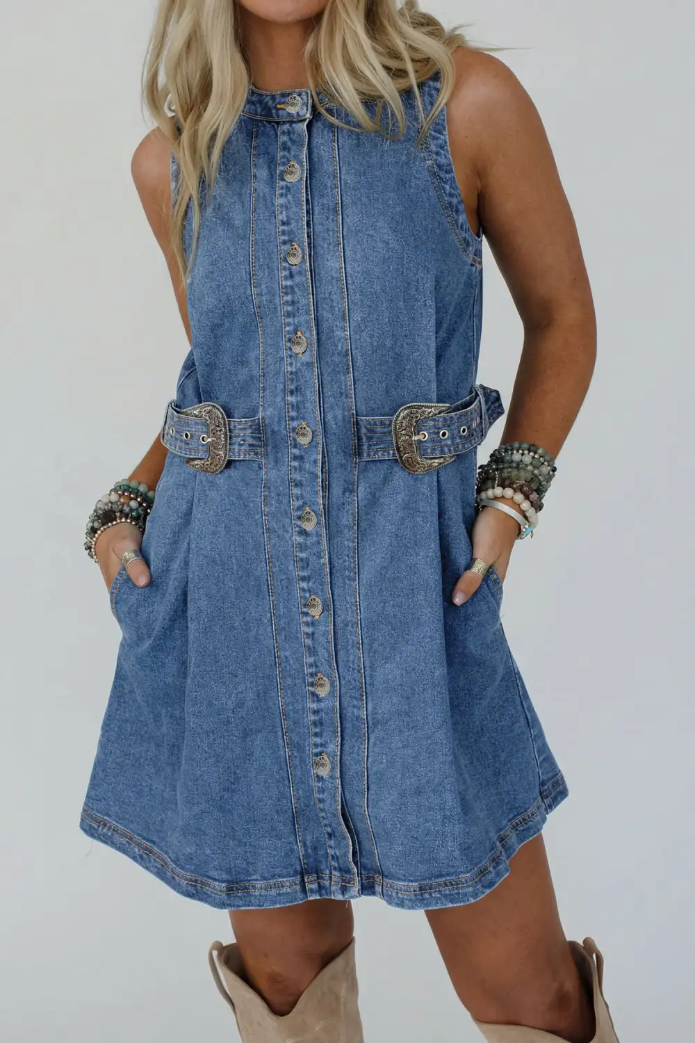 Polished Detail Denim Button Front Sleeveless Dress