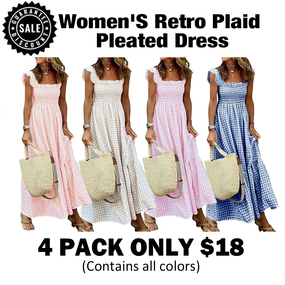 Women's Retro Plaid Pleated Dress🔥8-Pack - All Colors Included, Only $24