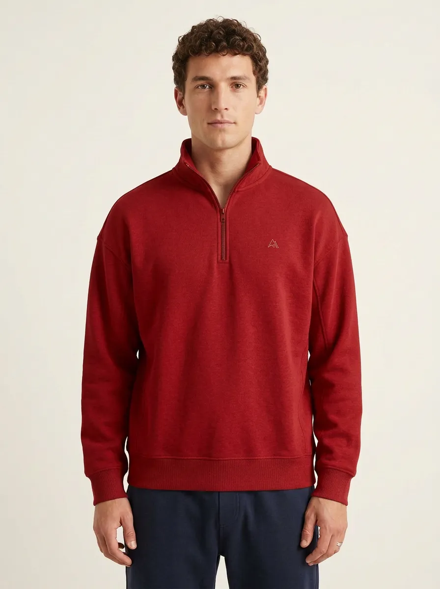 Men's Modern Minimalist Textured Embroidered Emblem Quarter-Zip Sweatshirt