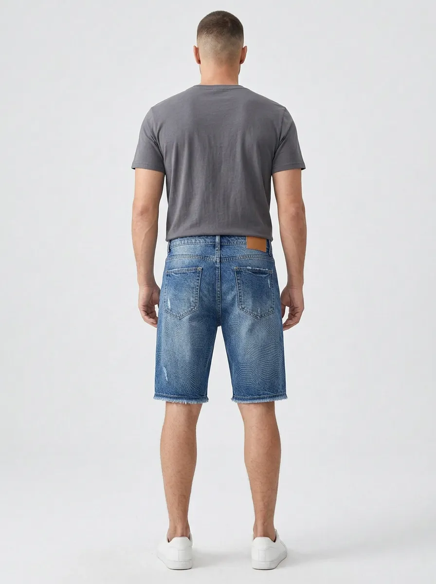 Men's Wave Geometric Distressed Raw Hem Distressed Denim Shorts