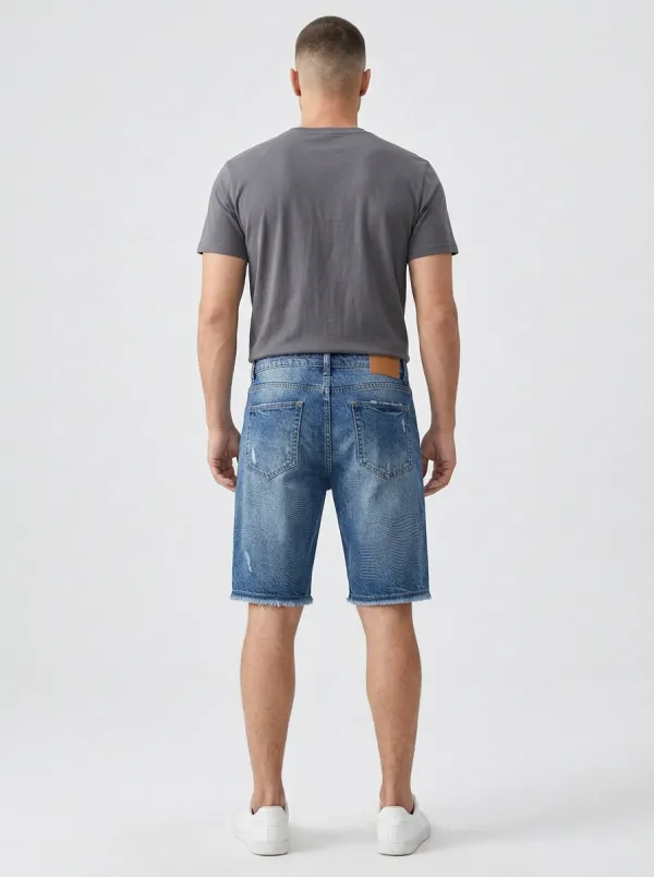 Men's Wave Geometric Distressed Raw Hem Distressed Denim Shorts
