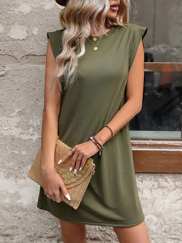 A Line Relaxed Solid Color Split Joint Round Neck Mini Dress