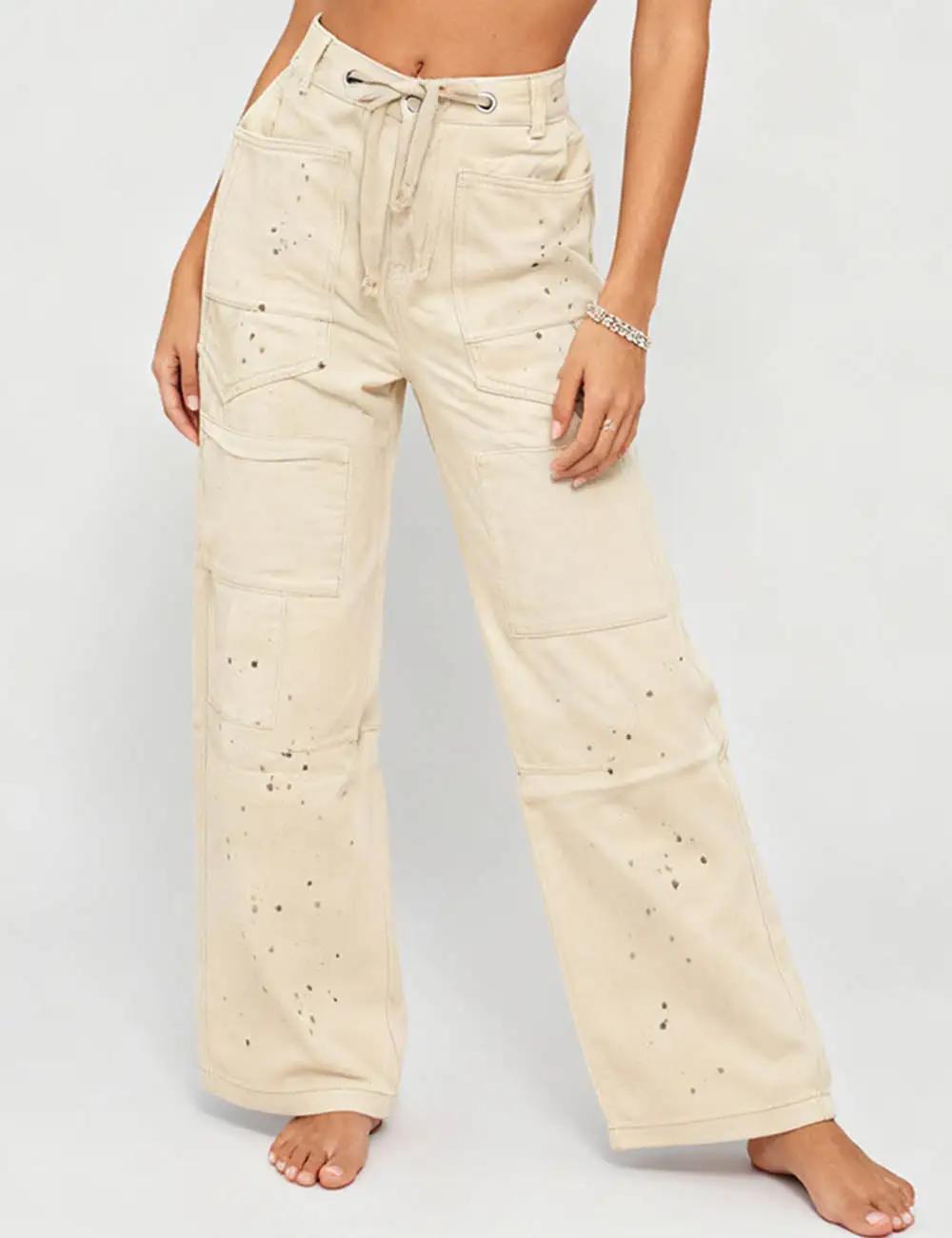 Paint Splatter Drawstring Wide Leg Denim Pants