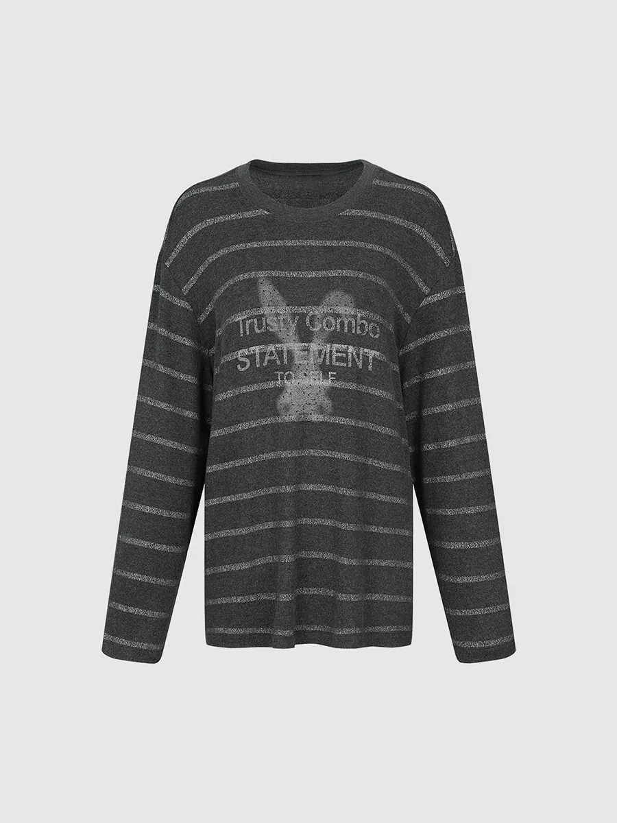 A Loose Round-Neck Casual T-Shirt With Rabbit Print Stripes For Ladies