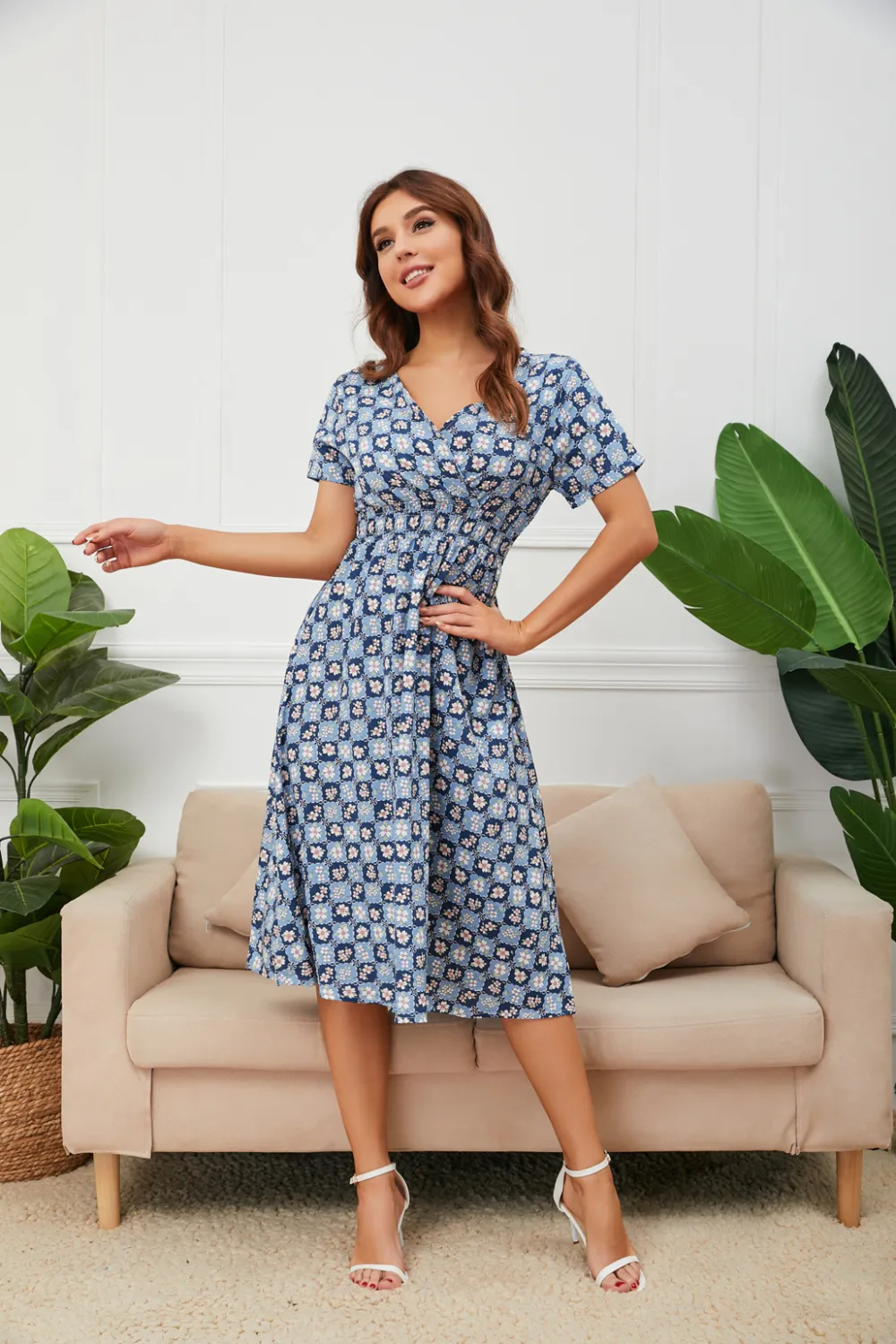 Chiffon Beach Dress Printed V-neck Short Sleeve Bohemian