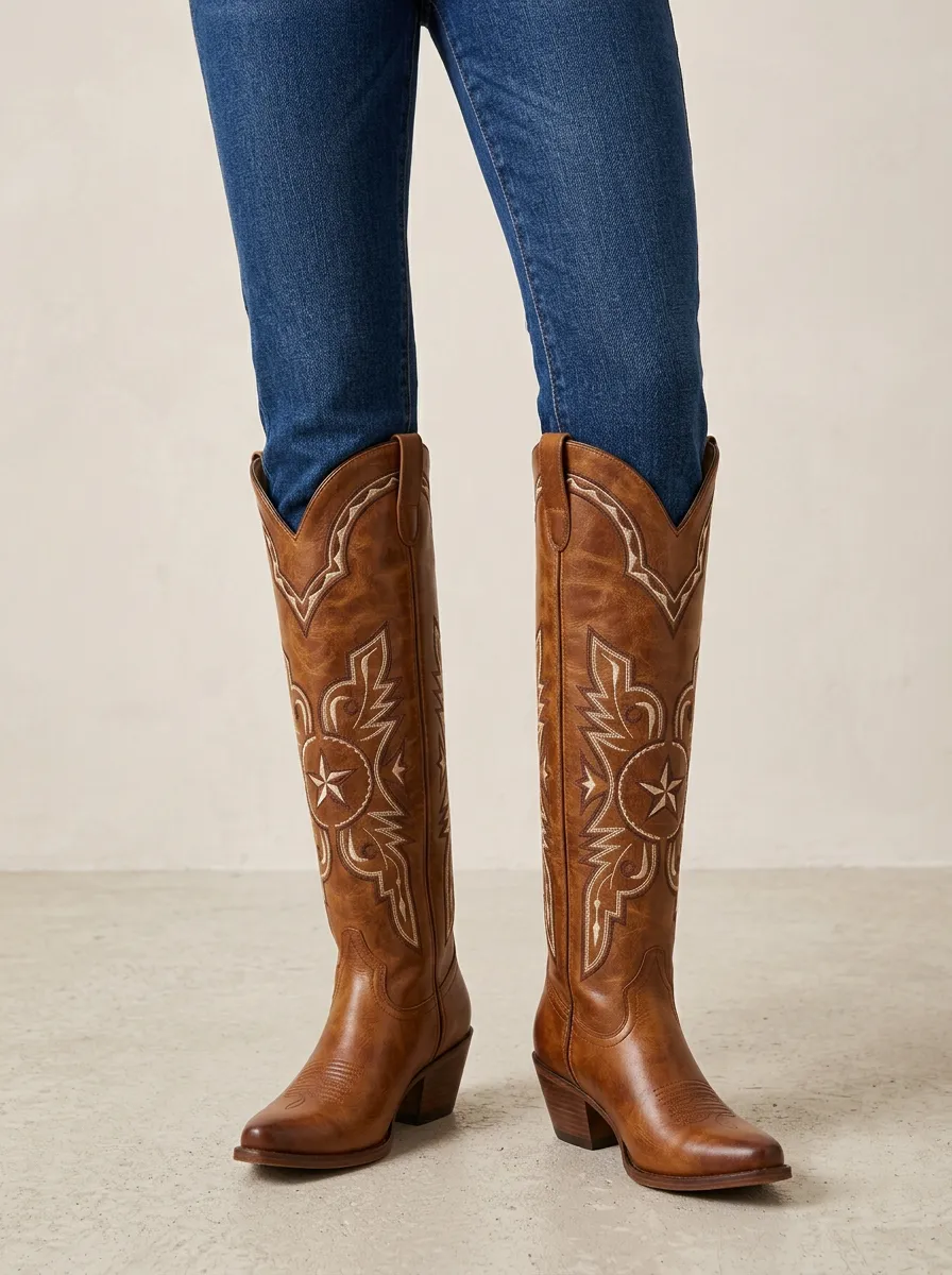 Women's Western Geometric Star Embroidered Pointed-Toe Block-Heel Stacked-Heel Denim Over-the-Knee Boots
