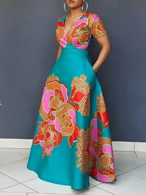 Loose Floral Printed Neck Maxi Dress