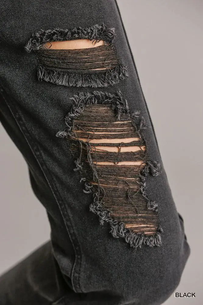 Pocketed Straight Leg Raw Hem Distressed Denim Jeans
