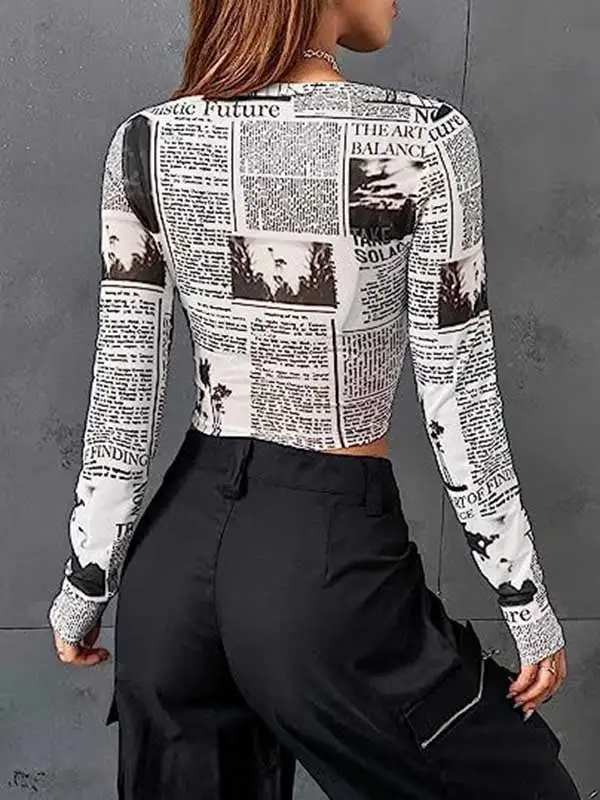 Long Sleeve Slim Fit Letter Print Round Neck T-Shirt