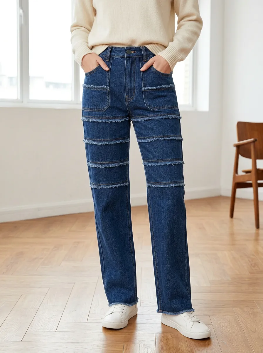 Women's Casual Fashion Raw Hem Stitched Denim Jeans