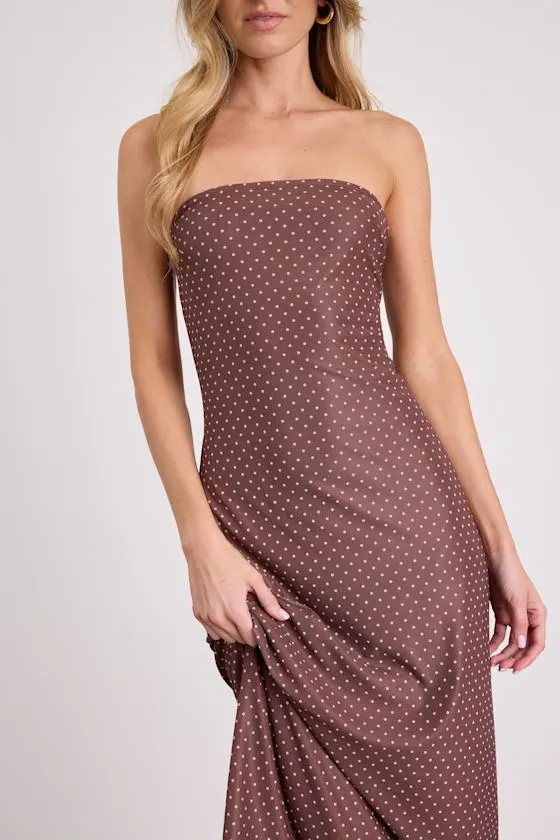 Jaylah Brown Polka Dot Mesh Strapless Midi Dress