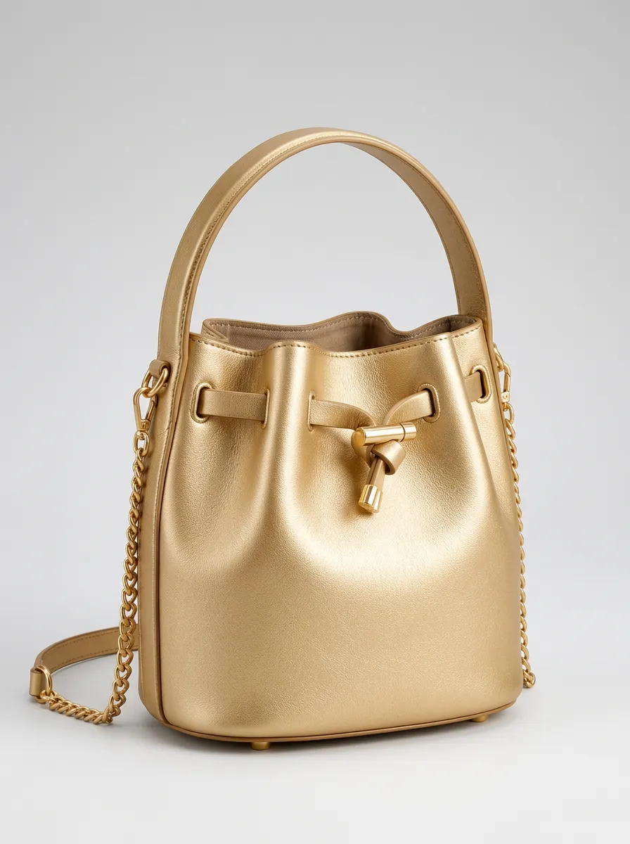 Women's Neat Profile Gold Metallic Bucket Purse with Metallic Gold Finish