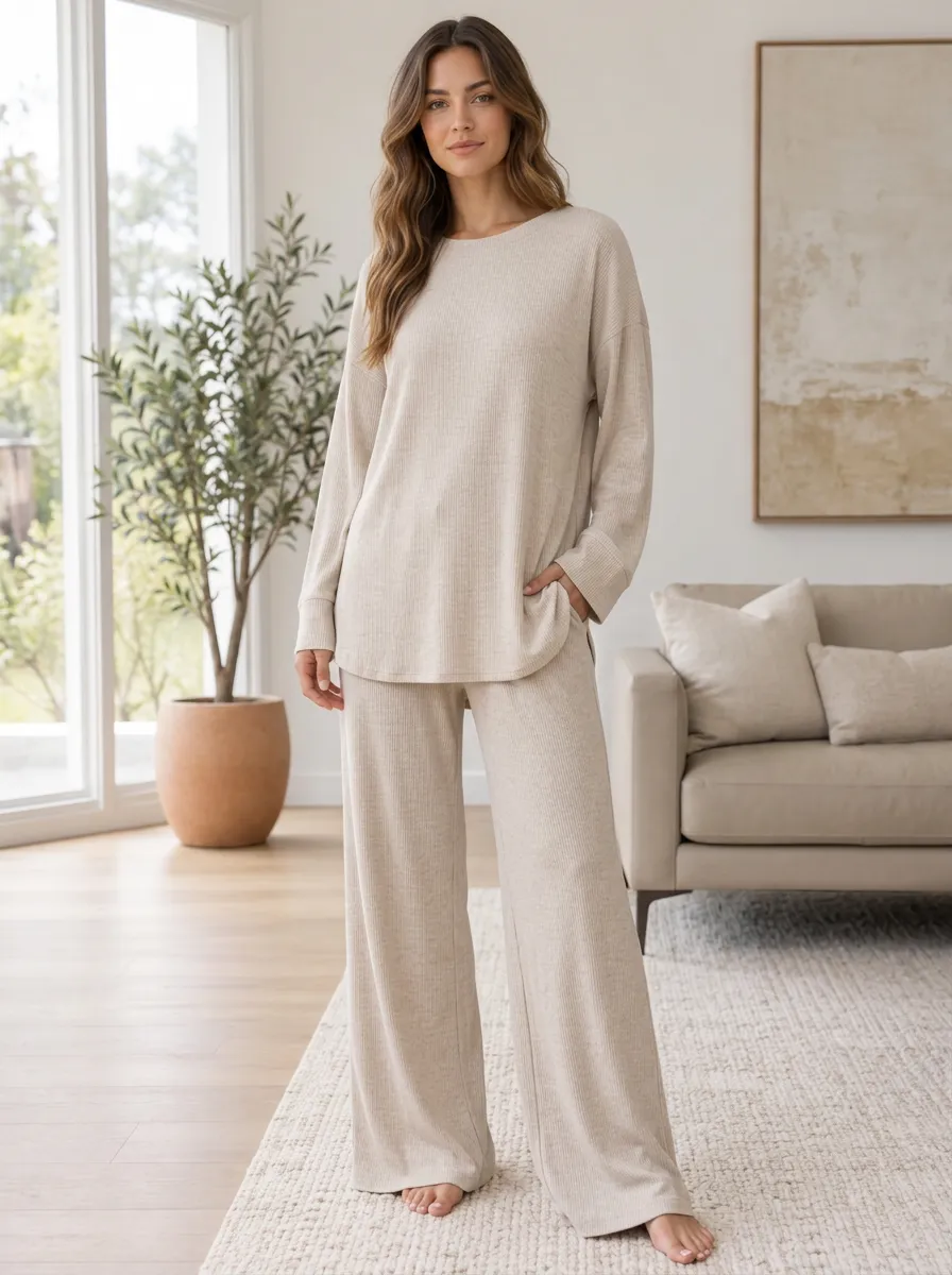 Women's Softly Styled Ribbed Knit Wide Leg Relaxed Set