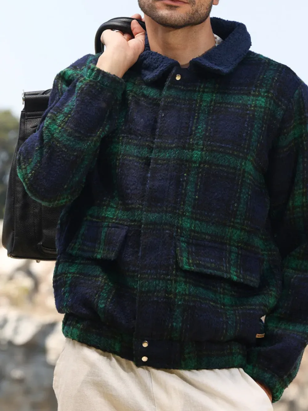 Plaid Pattern Sherpa Collar Jacket