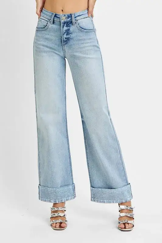 High Rise Ankle Wide Cuffed Jeans