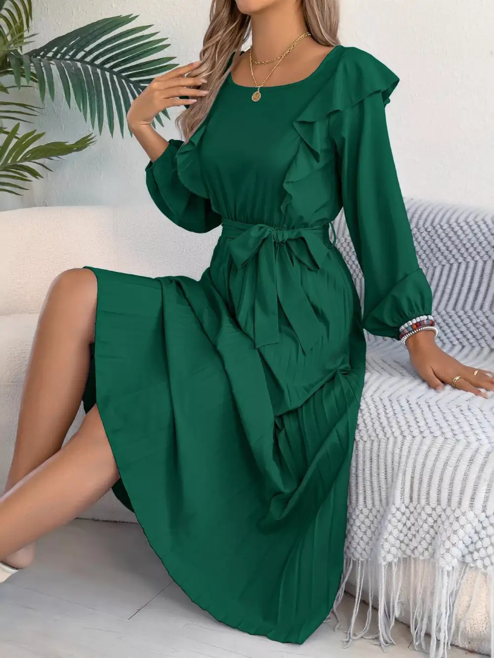 Ruffle Pleated Midi Dress