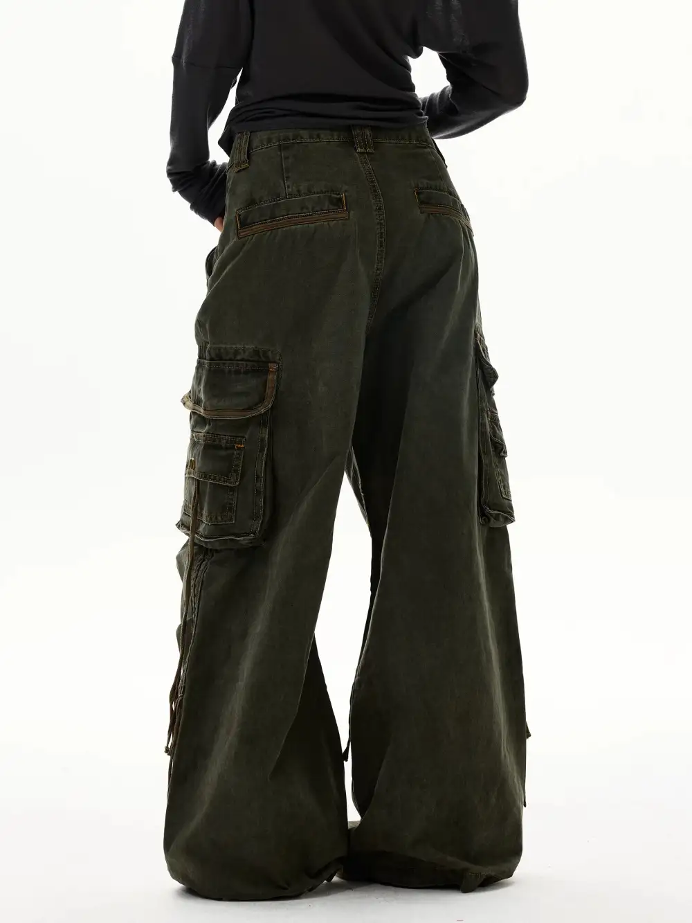 Wide-Leg Cargo-Pocket Strap-Detail Jeans