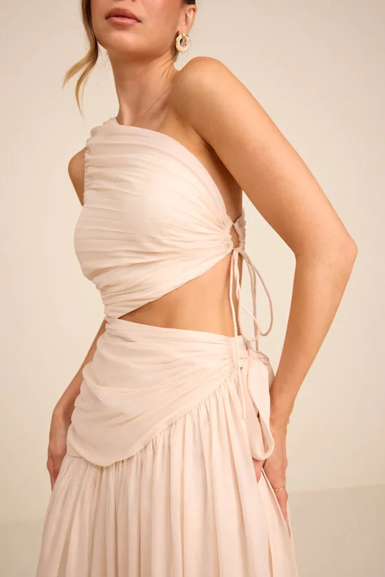 Vega Light Beige Pleated Asymmetrical Cutout Maxi Dress